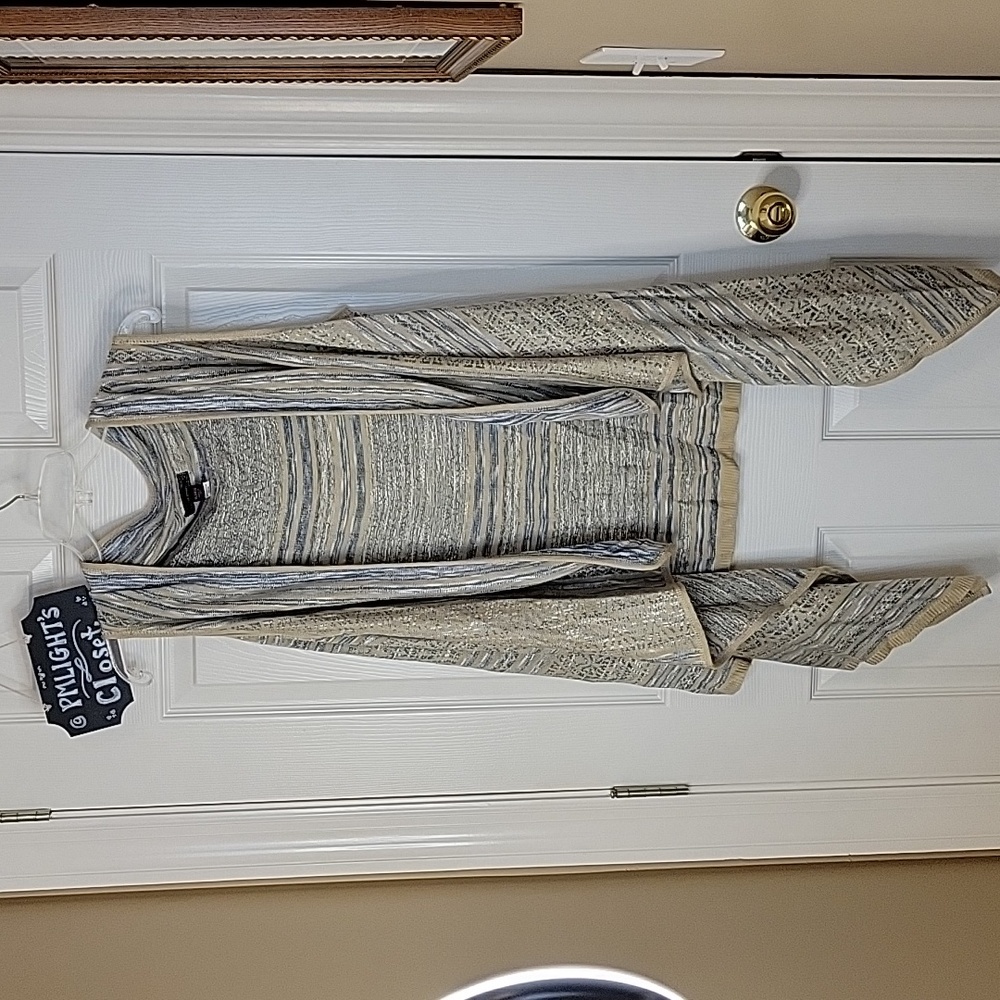 JW Style XL Open Cardigan Sweater Vest Tan Blue White Stripe